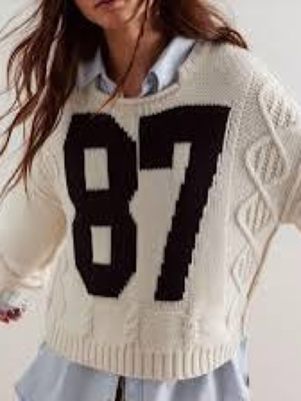 Free People Cream Knit Sweater with Black '87' Graphic